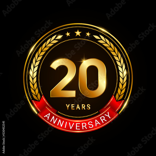 20 years anniversary, golden anniversary celebration logotype with red ribbon isolated on black background, vector illustration