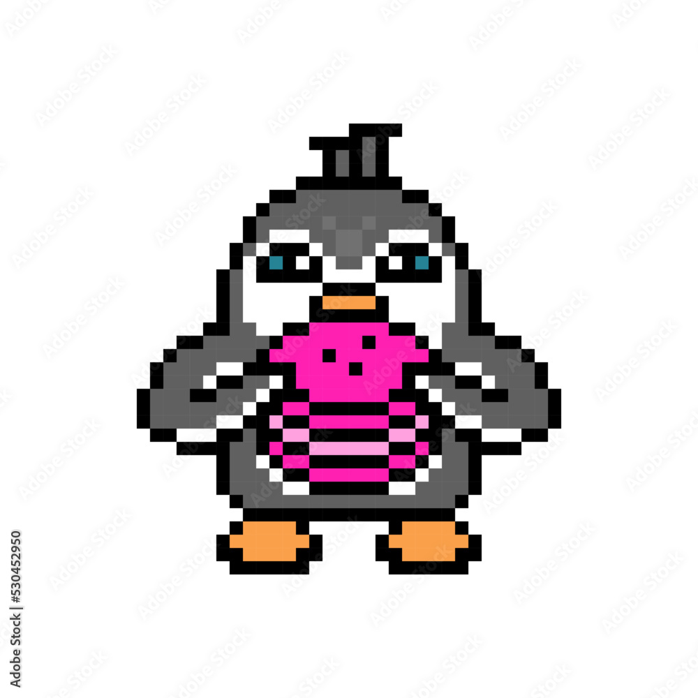 Penguin eating pink French macaron dessert, cute pixel art animal character isolated on white background. Old school retro 80s, 90s 8 bit slot machine, video game graphics. Cartoon fast food mascot.