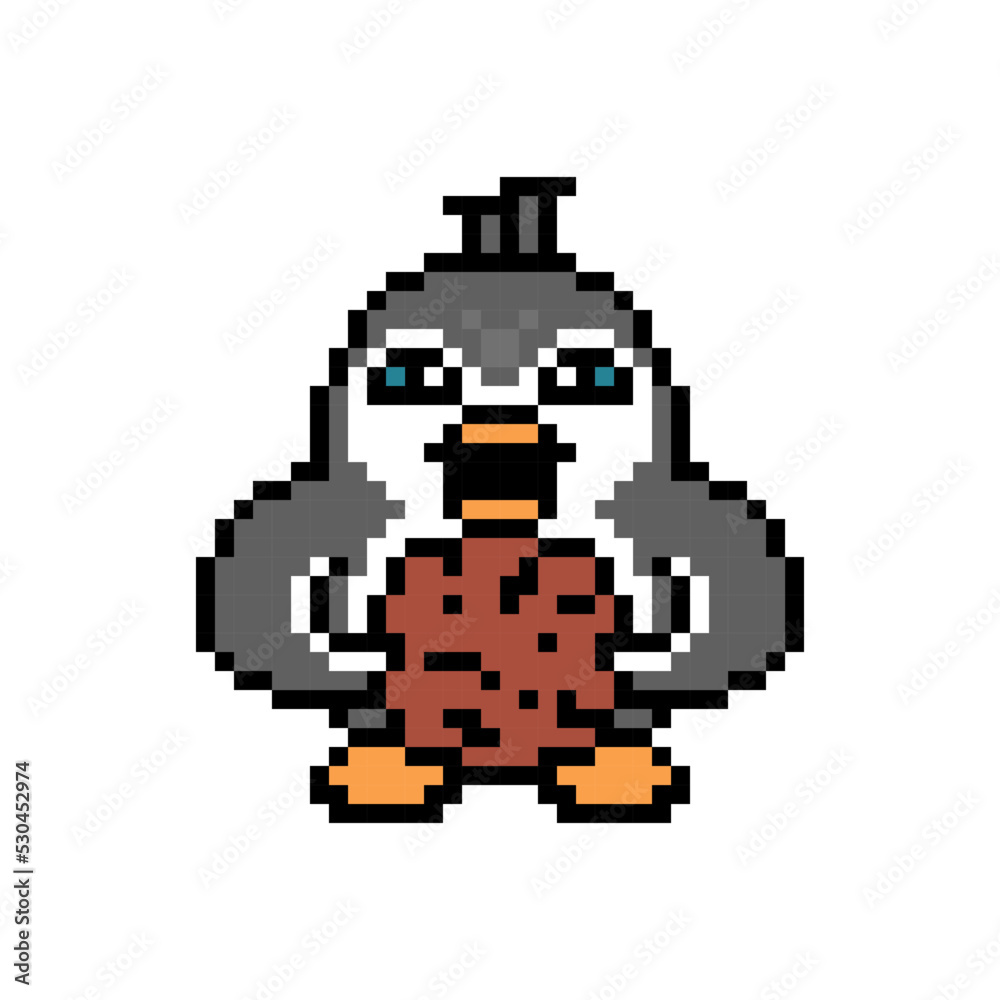 Penguin eating oatmeal chocolate cookie, cute pixel art animal character isolated on white background. Old school retro 80s, 90s 8 bit slot machine, video game graphics. Cartoon bakery mascot. Penguin eating oatmeal chocolate cookie, cute pixel art animal character isolated on white background. Old school retro 80s, 90s 8 bit slot machine, video game graphics. Cartoon bakery mascot.