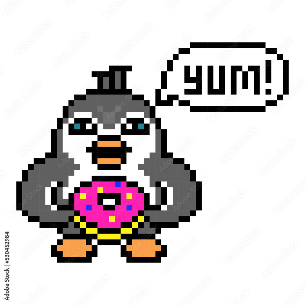 Obraz premium Happy penguin eating pink sprinkled donut and saying 