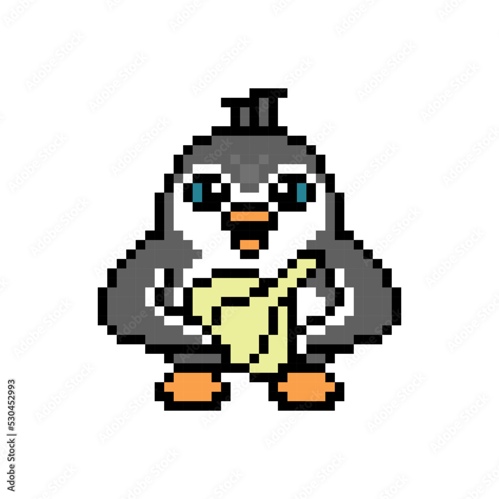 Penguin holding a garlic head (bulb, knob), cute pixel art animal character isolated on white background. Old school retro 80's-90's 8 bit slot machine, 2d video game graphics. Cartoon cook mascot. Penguin holding a garlic head (bulb, knob), cute pixel art animal character isolated on white background. Old school retro 80's-90's 8 bit slot machine, 2d video game graphics. Cartoon cook mascot.