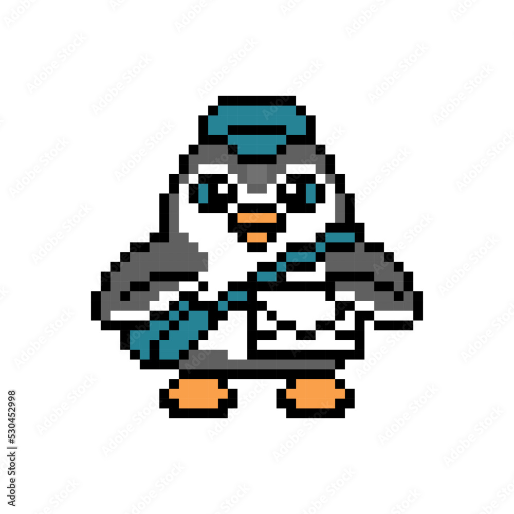 Fototapeta premium Penguin postman in a cap with a bag delivering a letter, pixel art animal character isolated on white background. Old school retro 80s, 90s 8 bit slot machine, 2d video game graphics. Cartoon mascot.