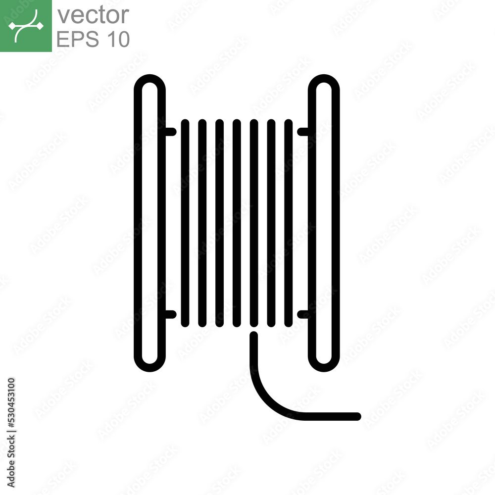 Coil cable spool line icon. Wire Electric cable on a reel. Roll or steel cable routing Rope symbol. simple pictogram outline style. Vector illustration. Design on white background. EPS 10 Coil cable spool line icon. Wire Electric cable on a reel. Roll or steel cable routing Rope symbol. simple pictogram outline style. Vector illustration. Design on white background. EPS 10
