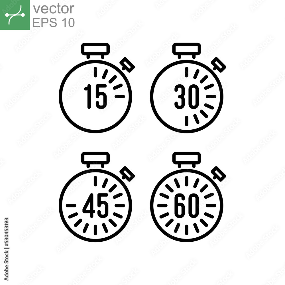 stopwatch set for every 15 minutes icon. countdown analog timer deadline Set. Clock dial with showing minute in four style can be use for app. vector illustration. Design on white background. EPS 10 stopwatch set for every 15 minutes icon. countdown analog timer deadline Set. Clock dial with showing minute in four style can be use for app. vector illustration. Design on white background. EPS 10
