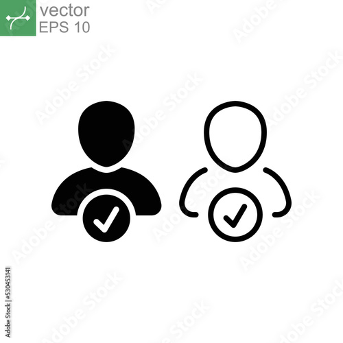 Valid user line and glyph icon. Human profile account check mark, avatar button. User authorized, Checked verified member, applied person sign Vector illustration. Design on white background. EPS 10