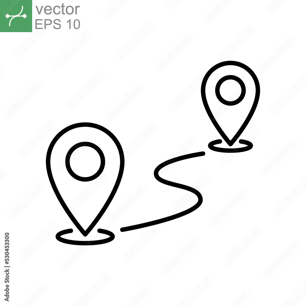 Route gps distance icon. Route location concept of path and road. Start and end journey. Map Navigation with 2 pins search location. Line style Vector illustration. Design on white background. EPS 10