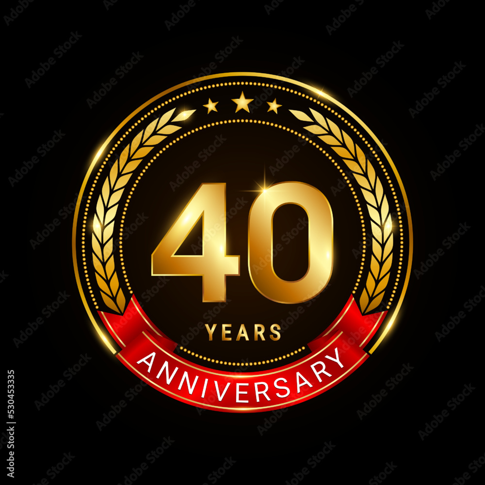40 years anniversary, golden anniversary celebration logotype with red ribbon isolated on black background, vector illustration
