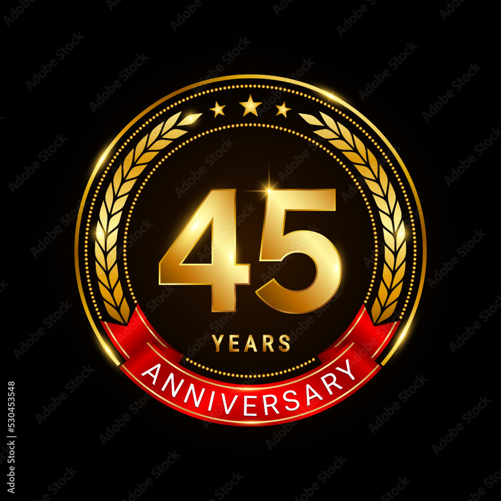 Fototapeta premium 45 years anniversary, golden anniversary celebration logotype with red ribbon isolated on black background, vector illustration