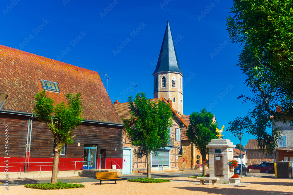 Cityscape with a view of the ancient Catholic Church of St. Martin in Romenay, France