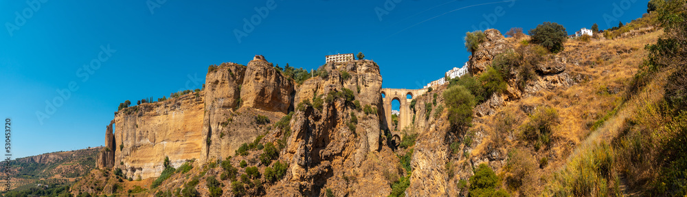 Panoramic and view of the new bridge viewpoint of Ronda province of Malaga, Andalusia.