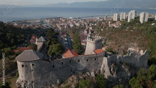 Trsat castle of old city port at the river Rijecina firth in Rijeka, Croatia photo