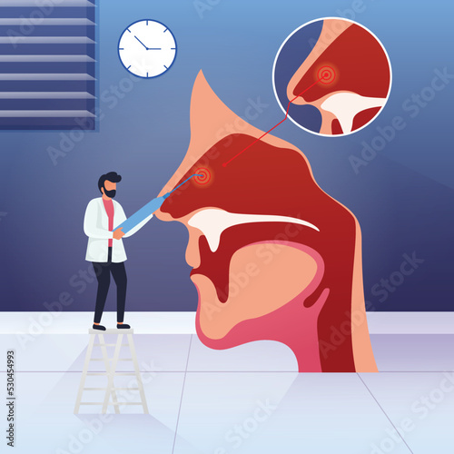 Otolaryngology concept. nose or throat treatment at ENT clinic, isolated vector illustration in cartoon flat style.
