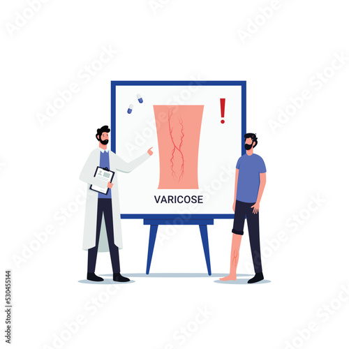 Vein Thrombosis and Varicose Treatment Concept. Tiny Doctor Character Stand on Ladder with Magnifying Glass Looking on Huge Foot with Diseased Veins. Health Care, Podiatry. Cartoon Vector Illustration