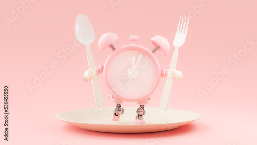 Pink alarm clock robot holding spoon and fork standing on cream color plate. white clock hands pointing to time five minutes noon. Time for lunch or snack idea concept, 3D Render.