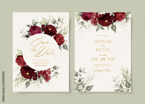 Beautiful floral wedding invitation template set with red roses and leaves decoration