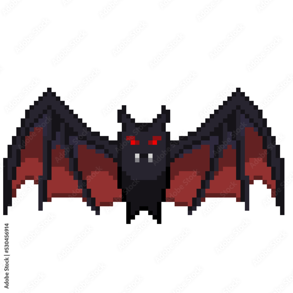 Vetor de An 8-bit retro-styled pixel-art illustration of a vampire bat with  red wings. do Stock | Adobe Stock