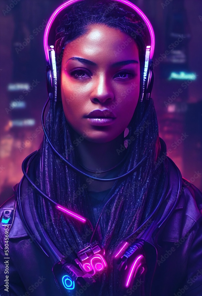 A realistic portrait of a ebony girl wearing a cyberpunk headset and ...