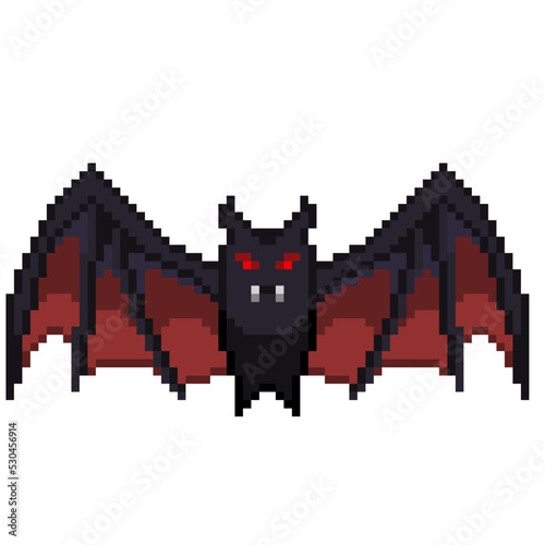 An 8-bit retro-styled pixel-art illustration of a vampire bat with red wings.