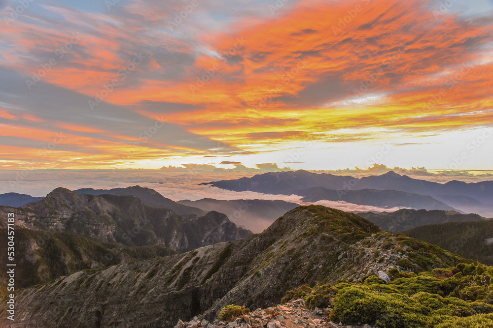 Panoramic View Of The Holy Ridge Aand Glacial Cirque At Sunrise On The Trail To North Peak Of Xue Mountain (Snow mountain) , Shei-Pa National Park, Taiwan