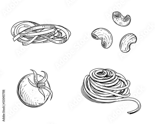 Hand drawn sketch black and white of pasta, spaghetti, tomatos. Vector illustration. Elements in graphic style label, sticker, menu, package. Engraved style illustration.