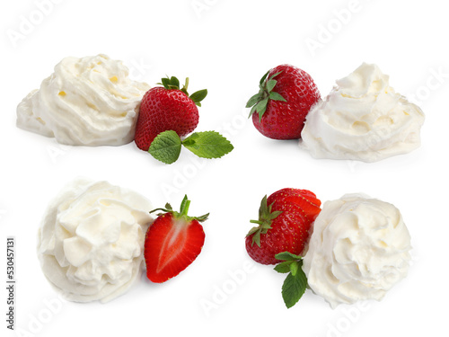 Set with delicious strawberries with whipped cream on white background