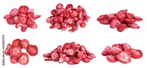 Set with freeze dried strawberries on white background photo