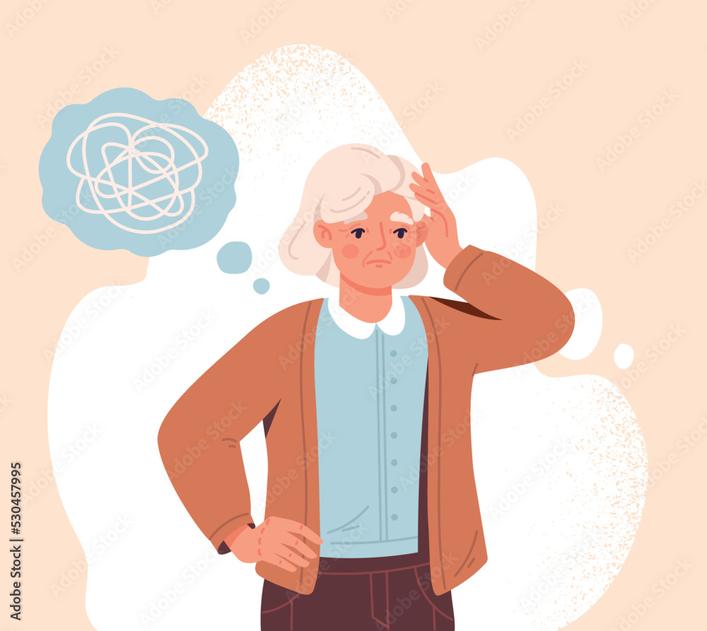 Alzheimer disease concept. Old woman with dementia or memory loss with