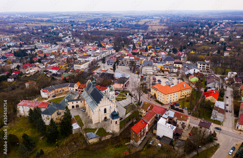 Obraz premium Aerial view of Krasnik town historical center with Cathedral and buildings, Poland