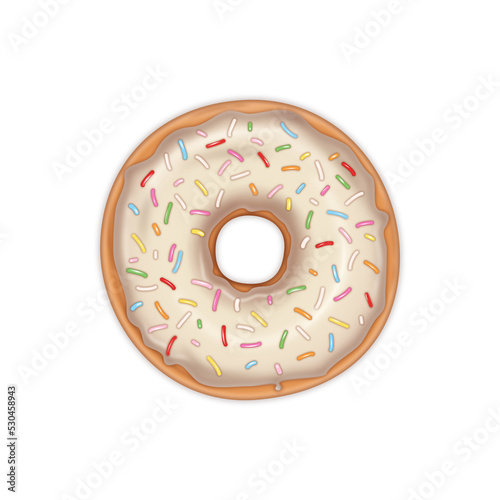 Pyszny donut z waniliową polewą i kolorową posypką. Smaczny deser z lukrem. Ilustracja słodkiego jedzenia dla piekarni, cukierni, kawiarni, na menu, ulotki, plakat, kartki.