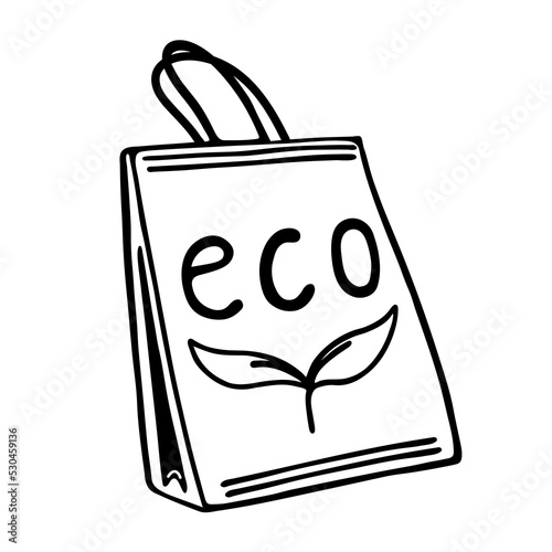 Paper reusable eco bag with plant leaves. Hand drawn vector icon isolated on white. No plastic, go green, zero waste. Eco friendly container, bio packaging. Cartoon doodle for poster, print, logo, web