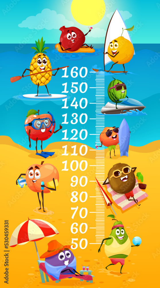 Kids height chart with funny fruits on summer beach leisure, vector growth meter. Cartoon characters, pineapple, orange and apple, peach, watermelon, kiwi and pear fruits on summer vacations at sea