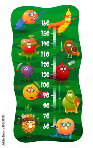 Kids height chart, cartoon superhero and defender fruit vector characters. Growth measure meter wall sticker with brave apple, banana, orange, pineapple or peach, banana, kiwi, plum and pear