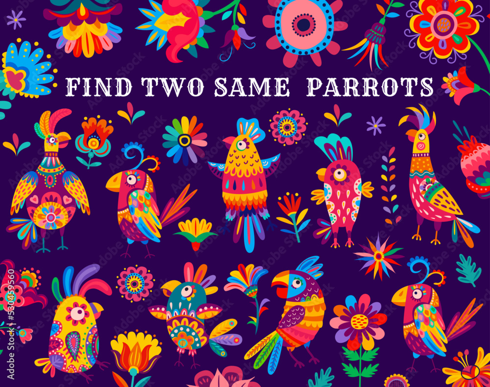 Find two same brazilian parrots kids game worksheet. Vector puzzle quiz or matching riddle of cartoon tropical jungle parrot birds and exotic flowers with bright color feathers and ethnic ornaments