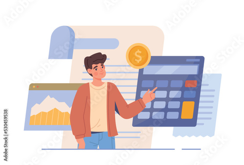 Person analyzes budget. Young male financial consultant with calculator considers income and expenses of company or family. Proper money management. Cartoon contemporary flat vector illustration