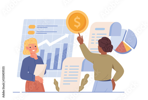 People analyzes budget. Young women financial consultants doing accounting and studying graphs and charts. Investment and growth of income or profits of company.. Cartoon flat vector illustration