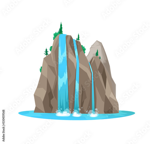 Isolated mountain waterfall stream, natural park cartoon water cascade with forest trees. Island water cascade, nature element game asset, river waterfall travel vector background with spruce trees