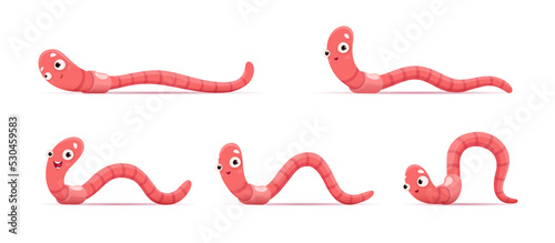 Cartoon funny worm. Animation of crawl earthworm. Vector sequence frame of soil compost insect movement. Pink wildlife creature crawling sprite sheet, garden invertebrate isolated worms