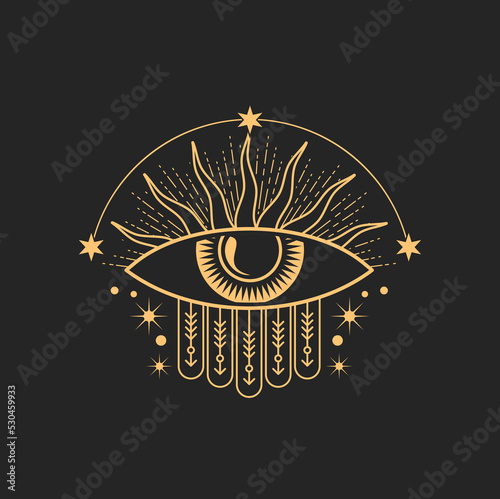 Providence all seeing eye, sun and stars tarot symbol, golden isolated occultism talisman. Vector esoteric symbol magic eye, tattoo occult mason sign