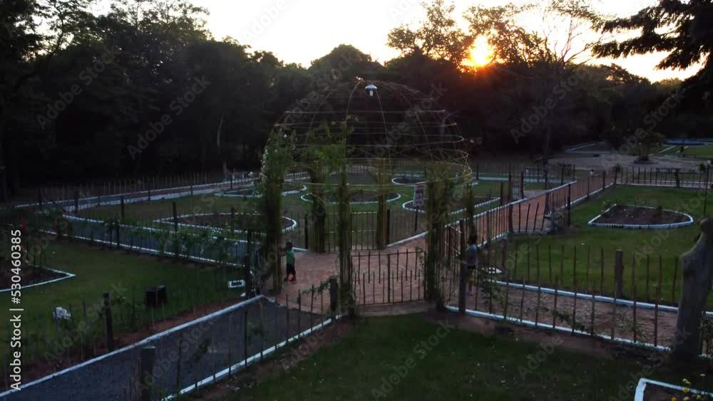Aerial shot of a park while the sun is setting.