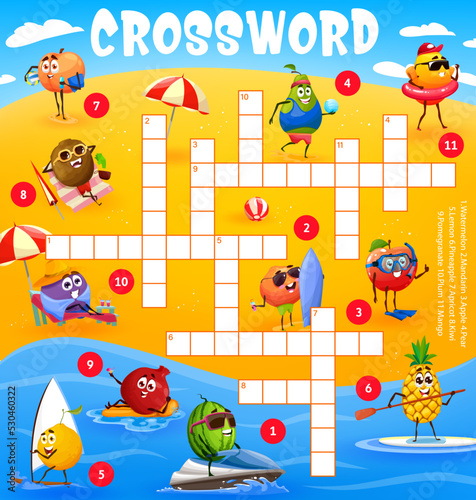 Cartoon fruits characters on summer beach vacation on crossword puzzle game grid. Find a word quiz game worksheet, child logical playing activity, kindergarten kids vector vocabulary puzzle or riddle