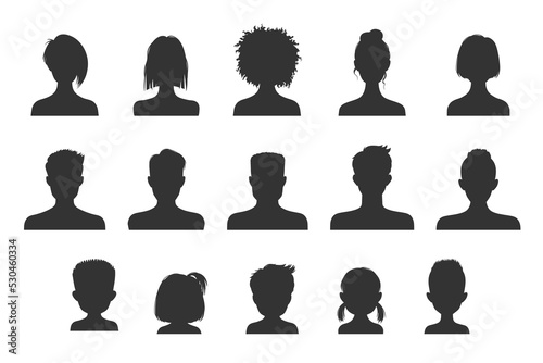 Avatar silhouettes, people profile heads of man and woman. User portrait or person vector avatar silhouette in social net, male and female avatar face picture default in black