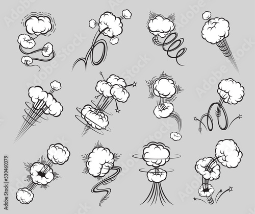 Comic speed motion effect, speed trails and puff clouds for jump or blast, vector cartoon bubble icons. Rocket air smoke motion effect of pop or crack and punch effect with spiral puff cloud trails