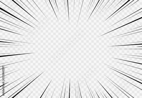 Manga transparent background. Comic explosion, motion speed vector radial lines of action effect. Anime comics book abstract frame with black pattern of superhero action lines, explosion or burst rays