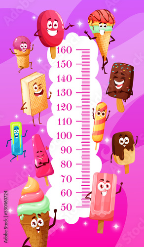 Kids height chart cartoon ice cream cones personages. Vector growth meter wall sticker of height measurement with funny popsicle, gelato and eskimo, fruit ice cream waffle cone characters