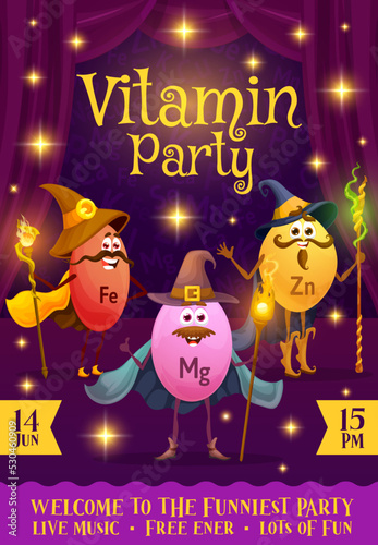 Vitamins and micronutrients party flyer, cartoon wizards and mages with magic wands, vector poster. Kids party flyer with cheerful mineral characters of iron, magnesium and zinc with magician staff