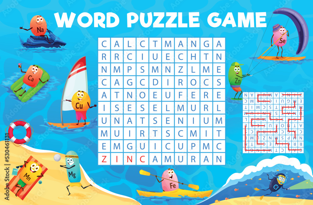 Word search puzzle game of cartoon vitamin and mineral characters on beach vacation. Kids