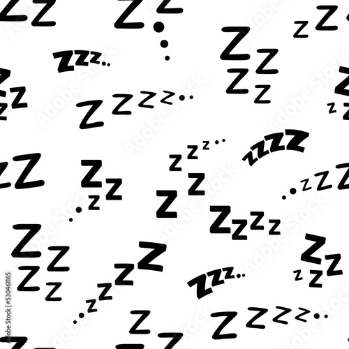 Zzz, zzzz bed sleep snore seamless pattern. Sleep, dream, nap or rest sound effects vector background with monochrome onomatopoeia signs of letter z. Snore or apnea sounds on white backdrop