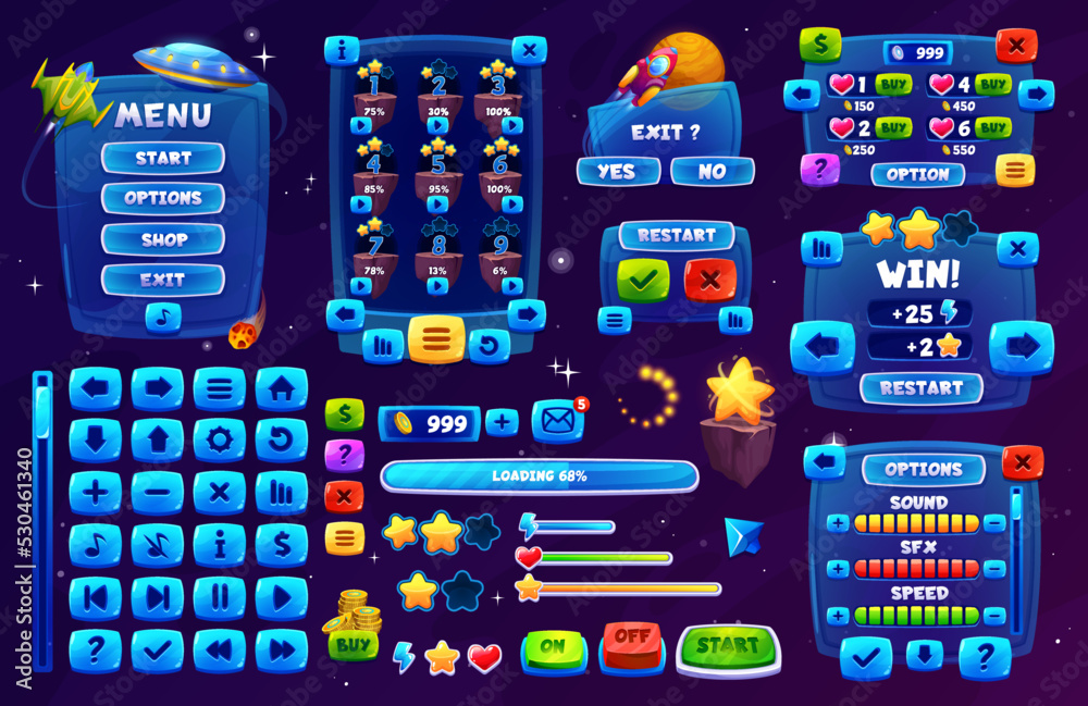 Galaxy space game interface. Ui game buttons, gui elements game asset. Vector user icons, stars and rockets, spacecrafts. Dashboard main menu window, options, progress bar, scales, keys and indicators - obrazy, fototapety, plakaty 