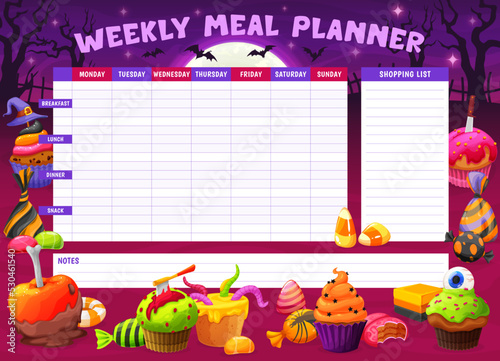 Weekly meal planner. Cartoon Halloween candies, sweets and desserts on night cemetery. Diet weekly calendar, meal planner or kitchen timetable list with Halloween creepy muffins and cupcakes, candies
