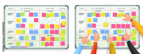 Scrum task board with business people hands, scrum methodology. Vector business team planning project sprints schedule on cartoon whiteboard or scrumboard with daily task list and color sticky notes